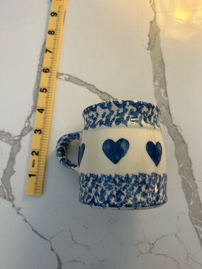 Vintage Blue Spongeware Heart Mug FP USA Roseville Ohio Pottery Cottagecore